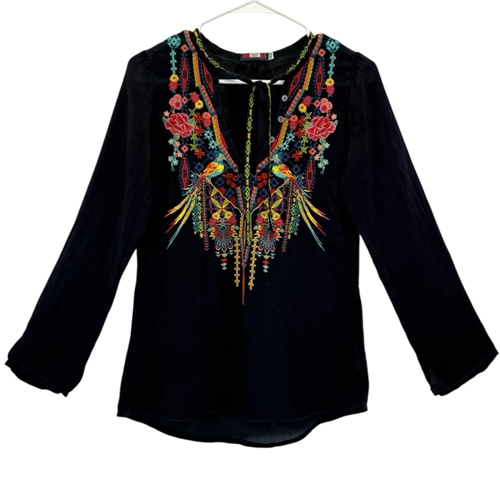 JOHNNY WAS 3J Workshop Women's Blue Embroidered Long Sleeve Tunic Blouse Size XS